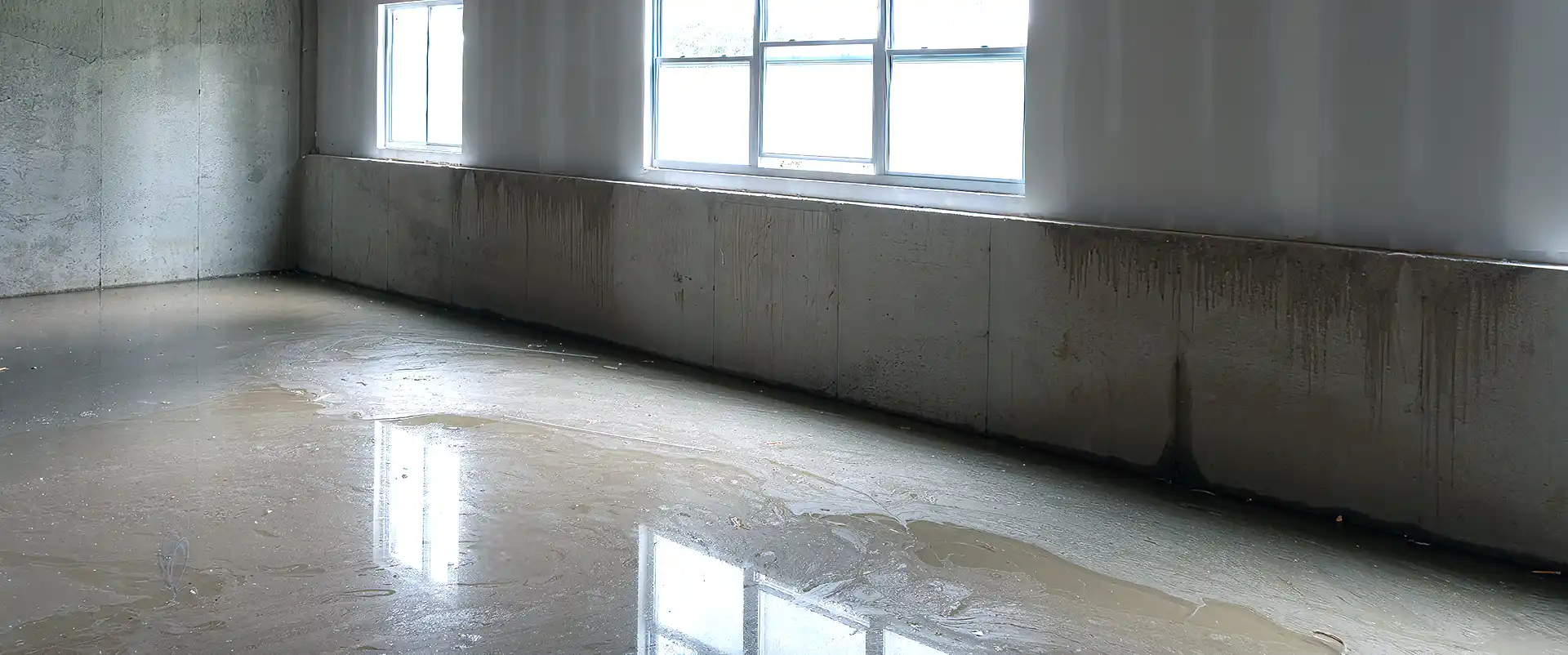 A flooded basement with a large window and a concrete floor.