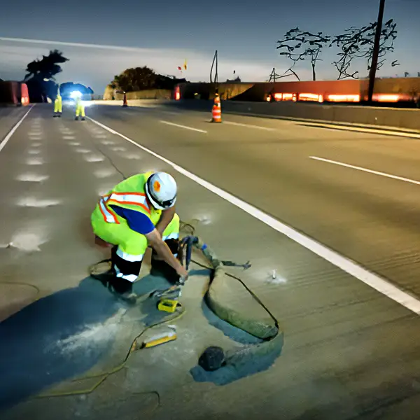 A worker repairing a road at night, illuminated by the headlights of a vehicle in the distance.