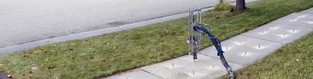 A hose and nozzle on a sidewalk, prepared for use with concrete lifting in progress.